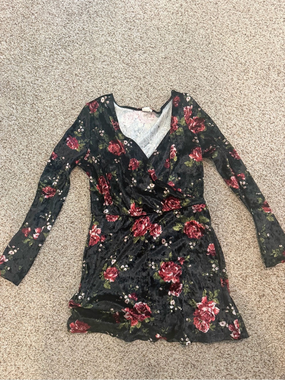Garage Black Velvet Floral Wrap romper with Red Roses